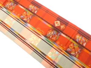 縞に花唐草模様織り出し　袋帯